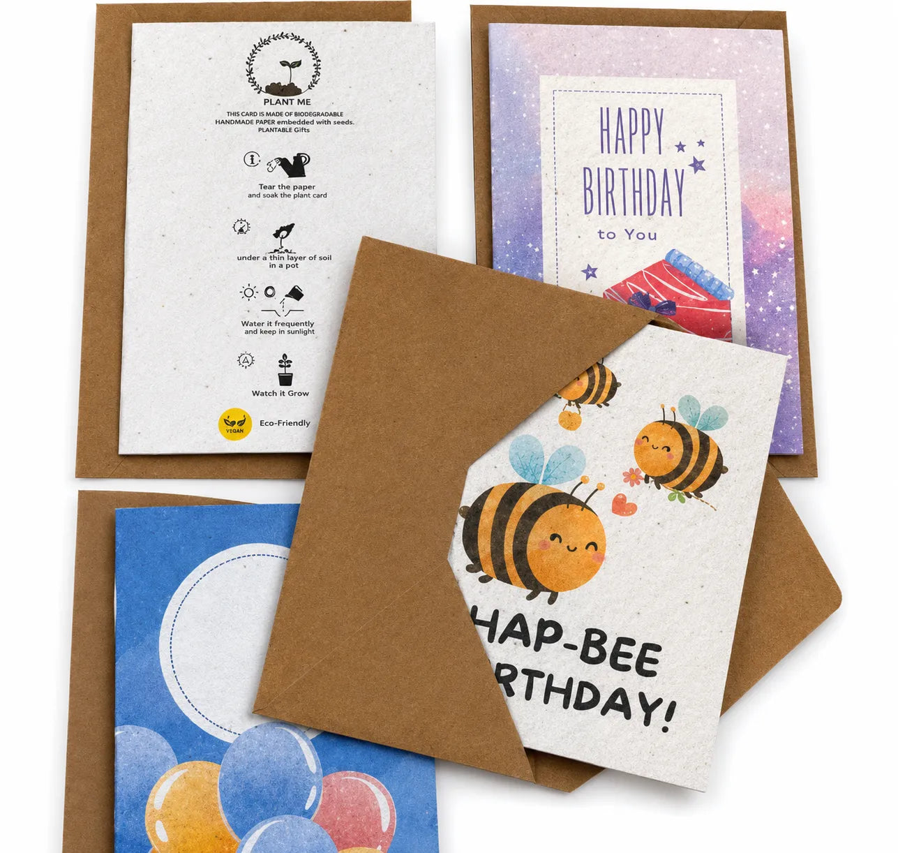 Seed Paper Set of 4 Plantable Birthday Greeting Cards with Kraft Envelopes
