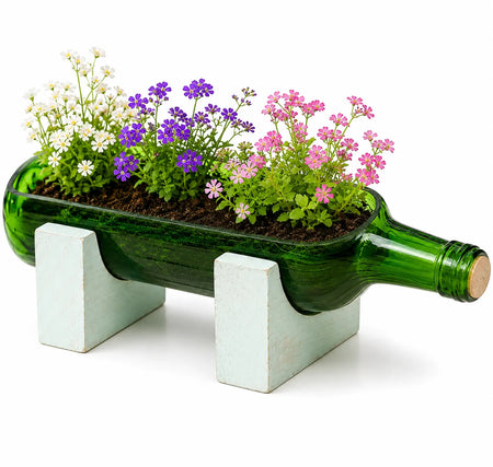 Upcycled Wine Bottle Planter with Wooden Stand – Sea Green Handmade Glass Planter