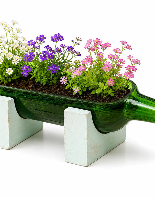 Load image into Gallery viewer, Upcycled Wine Bottle Planter with Wooden Stand – Sea Green Handmade Glass Planter
