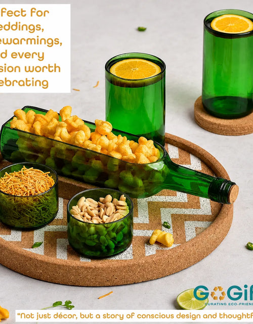 Load image into Gallery viewer, Upcycled Green Wine Bottle Serving Set – Handmade Sustainable Serveware
