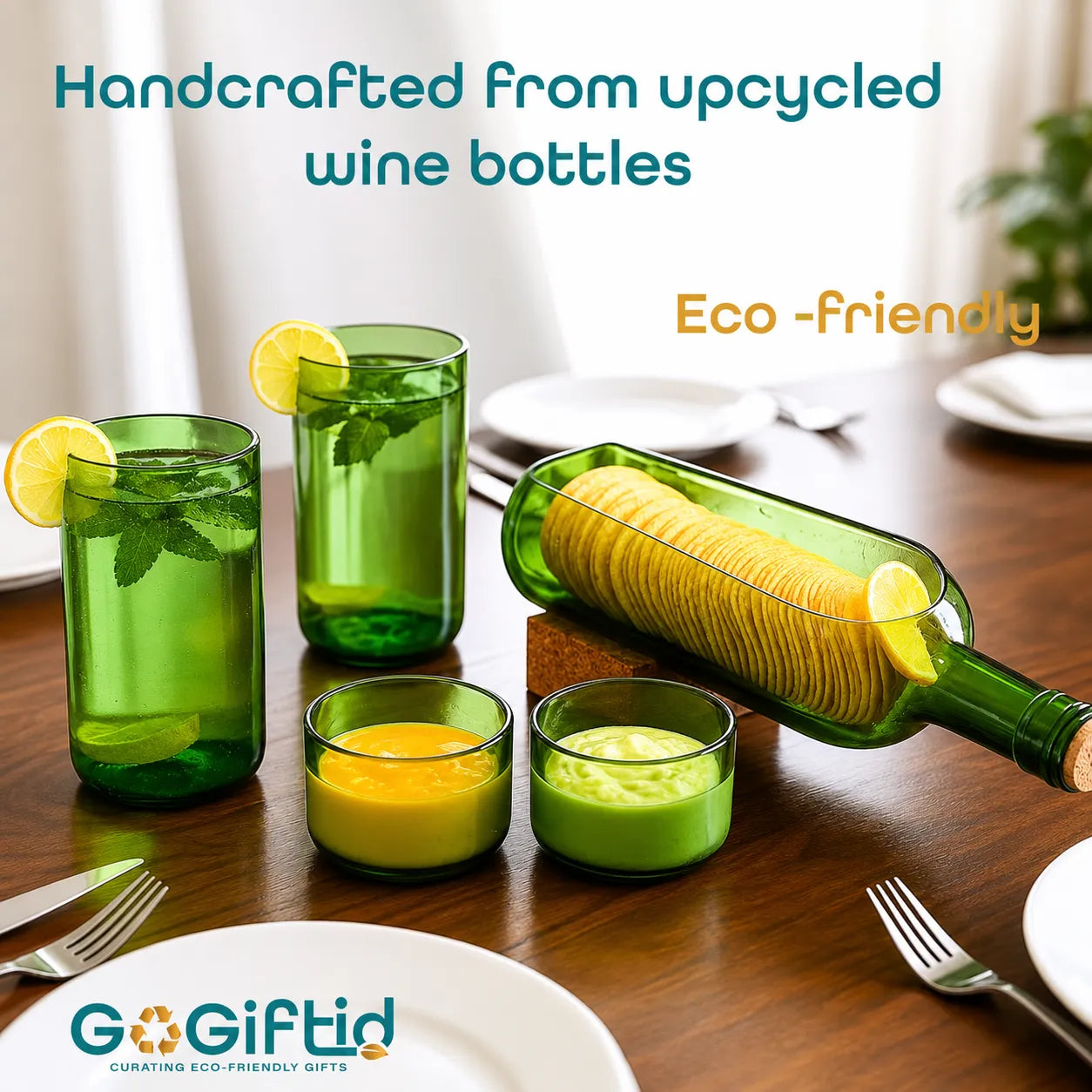 Upcycled Green Wine Bottle Serving Set – Handmade Sustainable Serveware