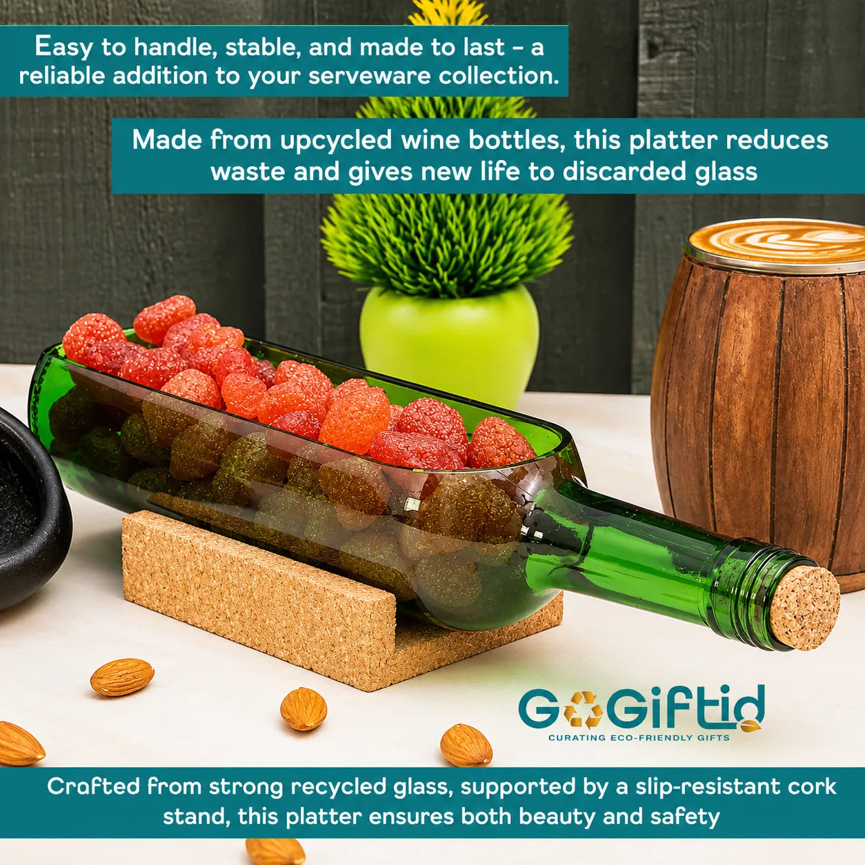 Upcycled Wine Bottle Platter – Handmade Recycled Glass Serving Tray