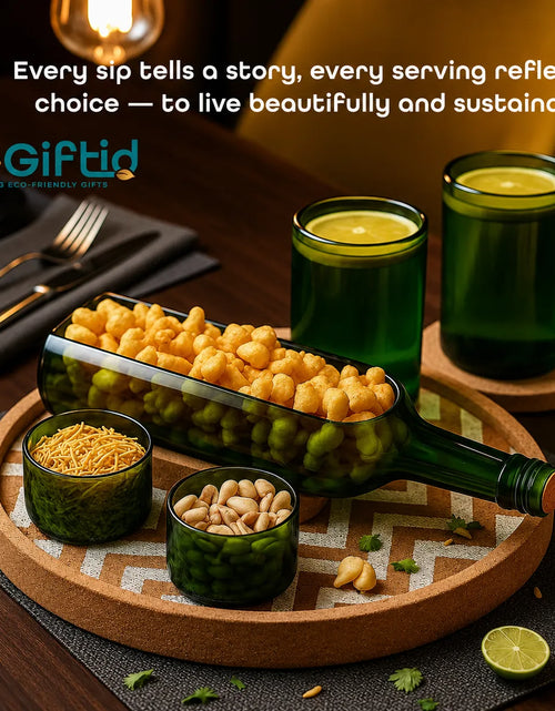 Load image into Gallery viewer, Upcycled Green Wine Bottle Serving Set – Handmade Sustainable Serveware
