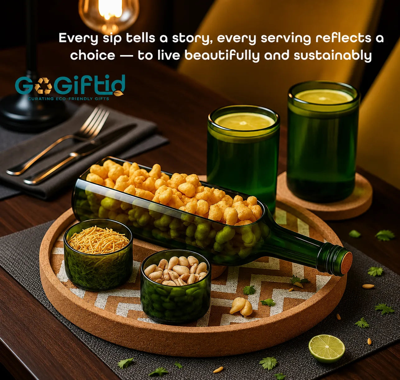Upcycled Green Wine Bottle Serving Set – Handmade Sustainable Serveware