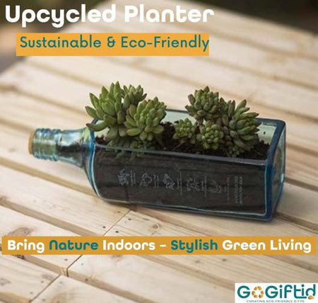 Upcycled Sapphire Bottle Planter – Handmade Sea Green Table Top Glass Planter