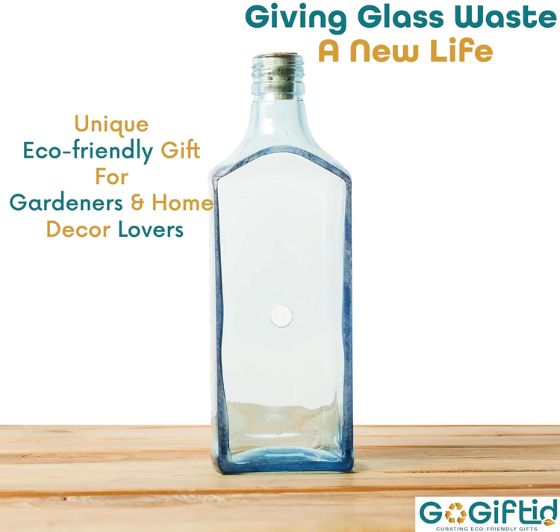 Upcycled Sapphire Bottle Planter – Handmade Sea Green Table Top Glass Planter