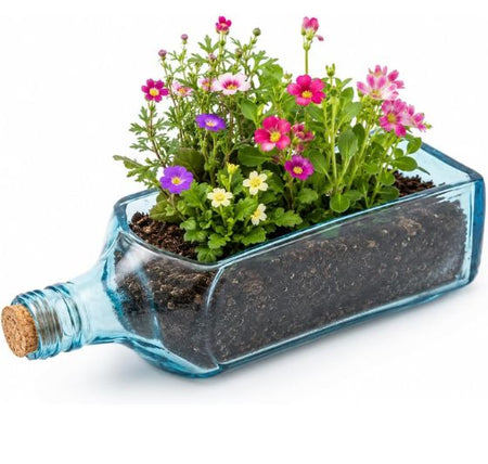 Upcycled Sapphire Bottle Planter – Handmade Sea Green Table Top Glass Planter