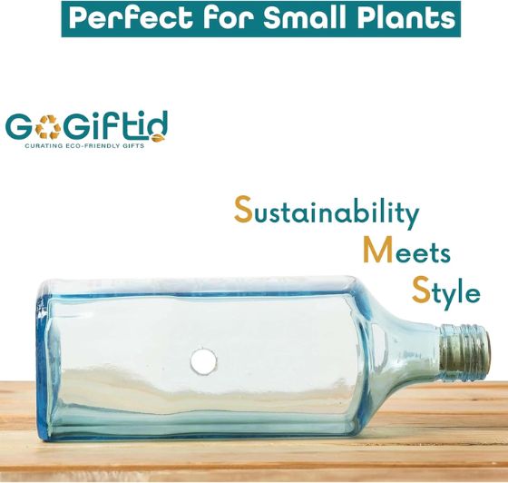 Upcycled Sapphire Bottle Planter – Handmade Sea Green Table Top Glass Planter