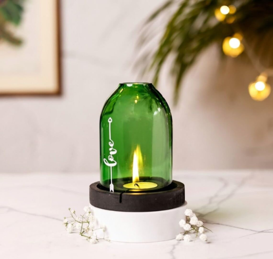 Hope Tealight Candle Holder – Handmade Recycled Glass Candle Holder with Wooden Base