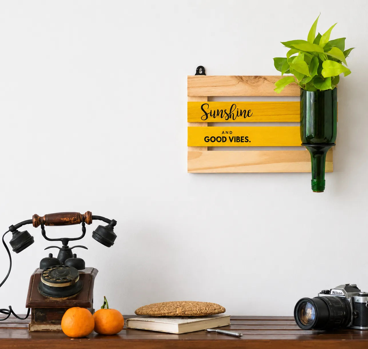Upcycled Wine Bottle Wall Planter with Wooden Board – Handmade Plant Holder