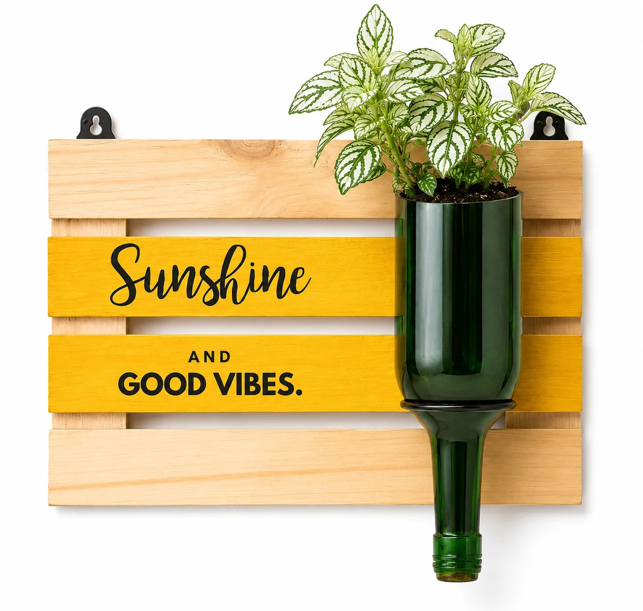 Upcycled Wine Bottle Wall Planter with Wooden Board – Handmade Plant Holder