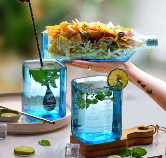 Upcycled Bombay Sapphire Platter & Glasses Set