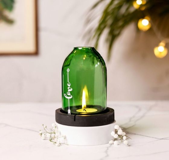 Upcycled Bottle Love Tea Light Holder – Handmade Sustainable Candle Decor