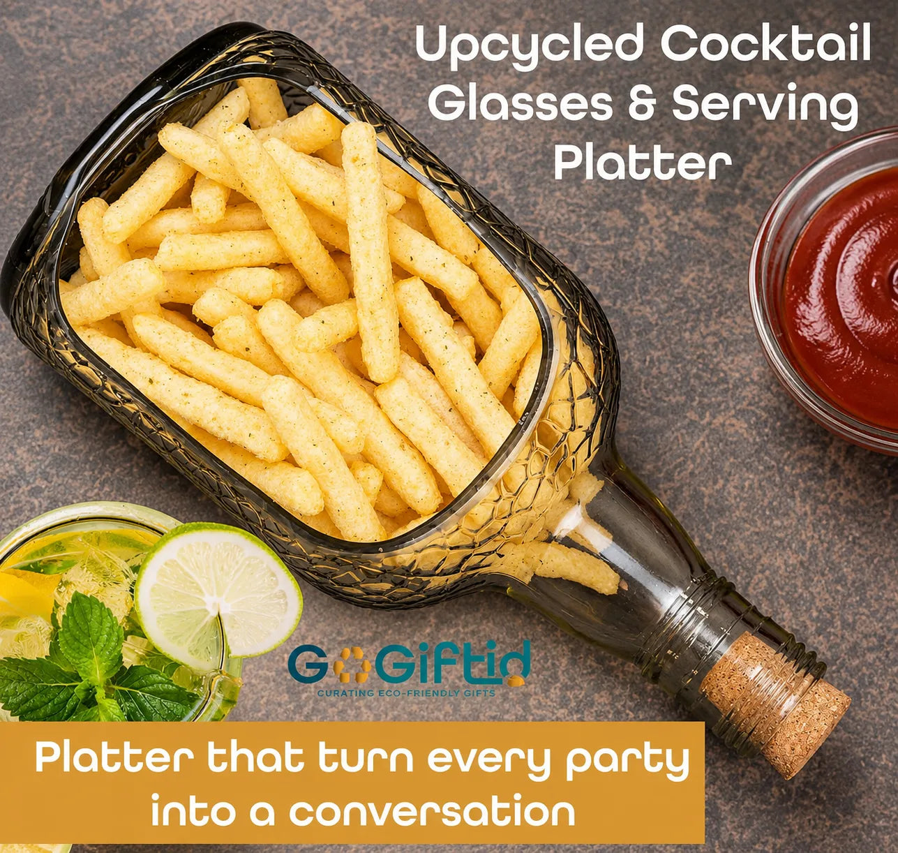 Upcycled Old Monk Glass Platter – Handmade Serving Tray for Snacks & Desserts