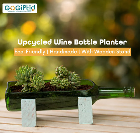 Upcycled Wine Bottle Planter with Wooden Stand – Sea Green Handmade Glass Planter