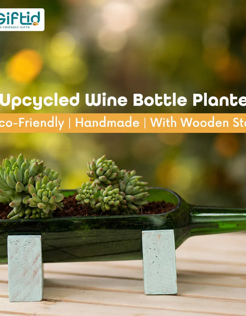 Load image into Gallery viewer, Upcycled Wine Bottle Planter with Wooden Stand – Sea Green Handmade Glass Planter
