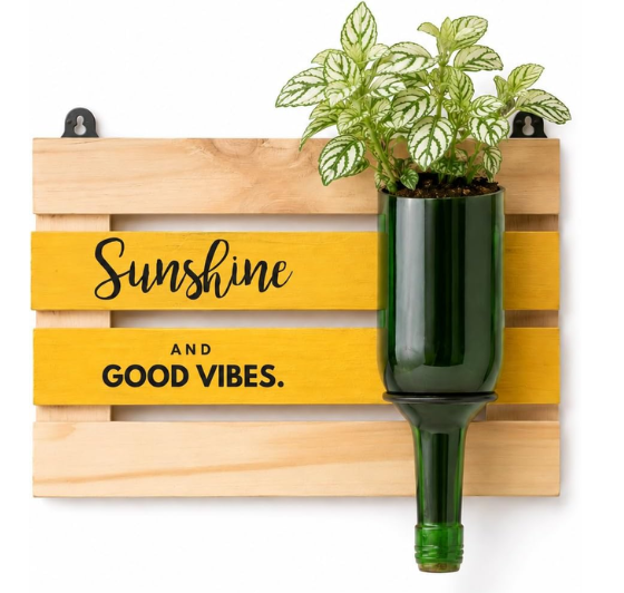 Upcycled Wine Bottle Wall Planter with Wooden Board – Handmade Plant Holder
