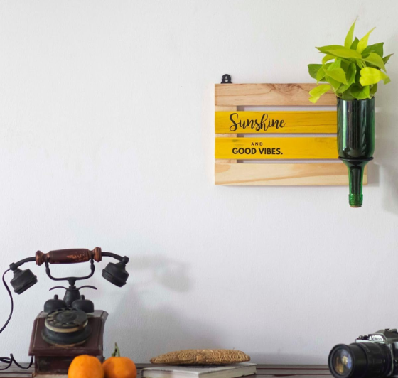 Upcycled Wine Bottle Wall Planter with Wooden Board – Handmade Plant Holder
