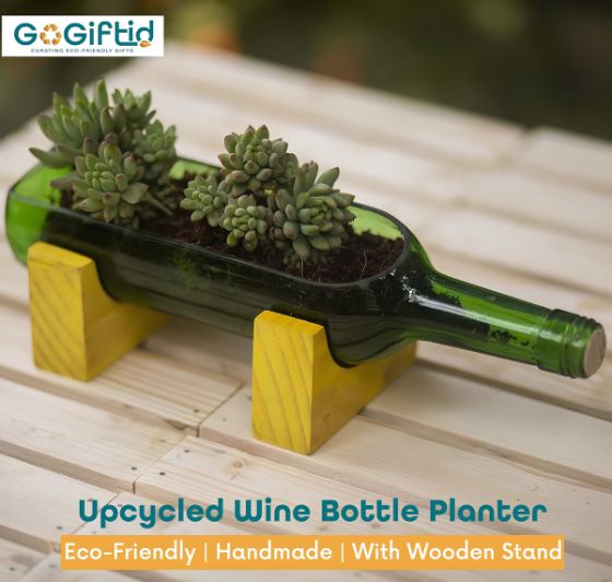 Upcycled Wine Bottle Planter – Yellow Handmade Glass Succulent Planter with Wooden Stand