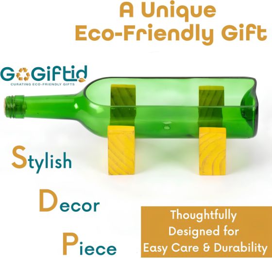 Upcycled Wine Bottle Planter – Yellow Handmade Glass Succulent Planter with Wooden Stand