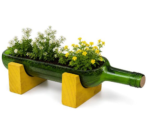 Load image into Gallery viewer, Upcycled Wine Bottle Planter – Yellow Handmade Glass Succulent Planter with Wooden Stand
